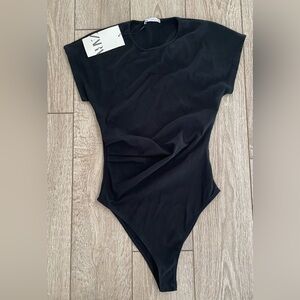 Zara ruched open back black body suit